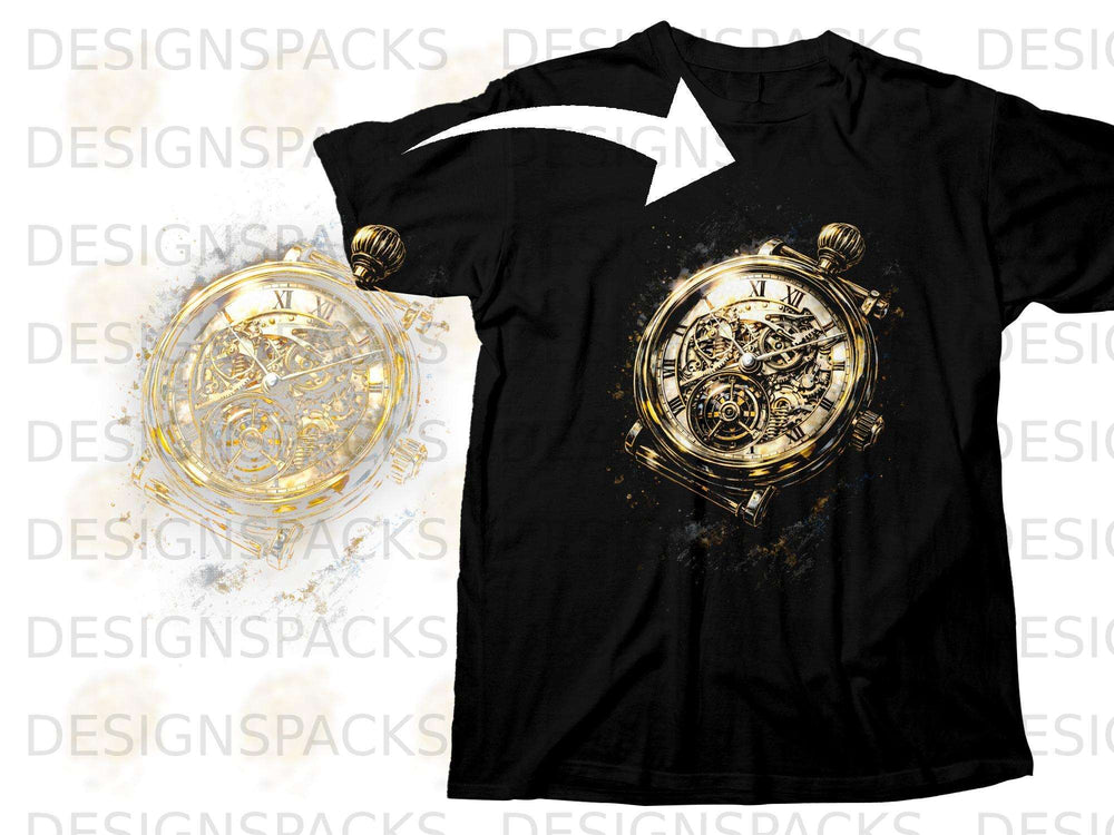 Black t-shirt with a detailed gold steampunk pocket watch graphic.