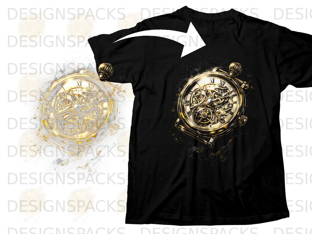 Black t-shirt with a detailed gold steampunk pocket watch graphic.