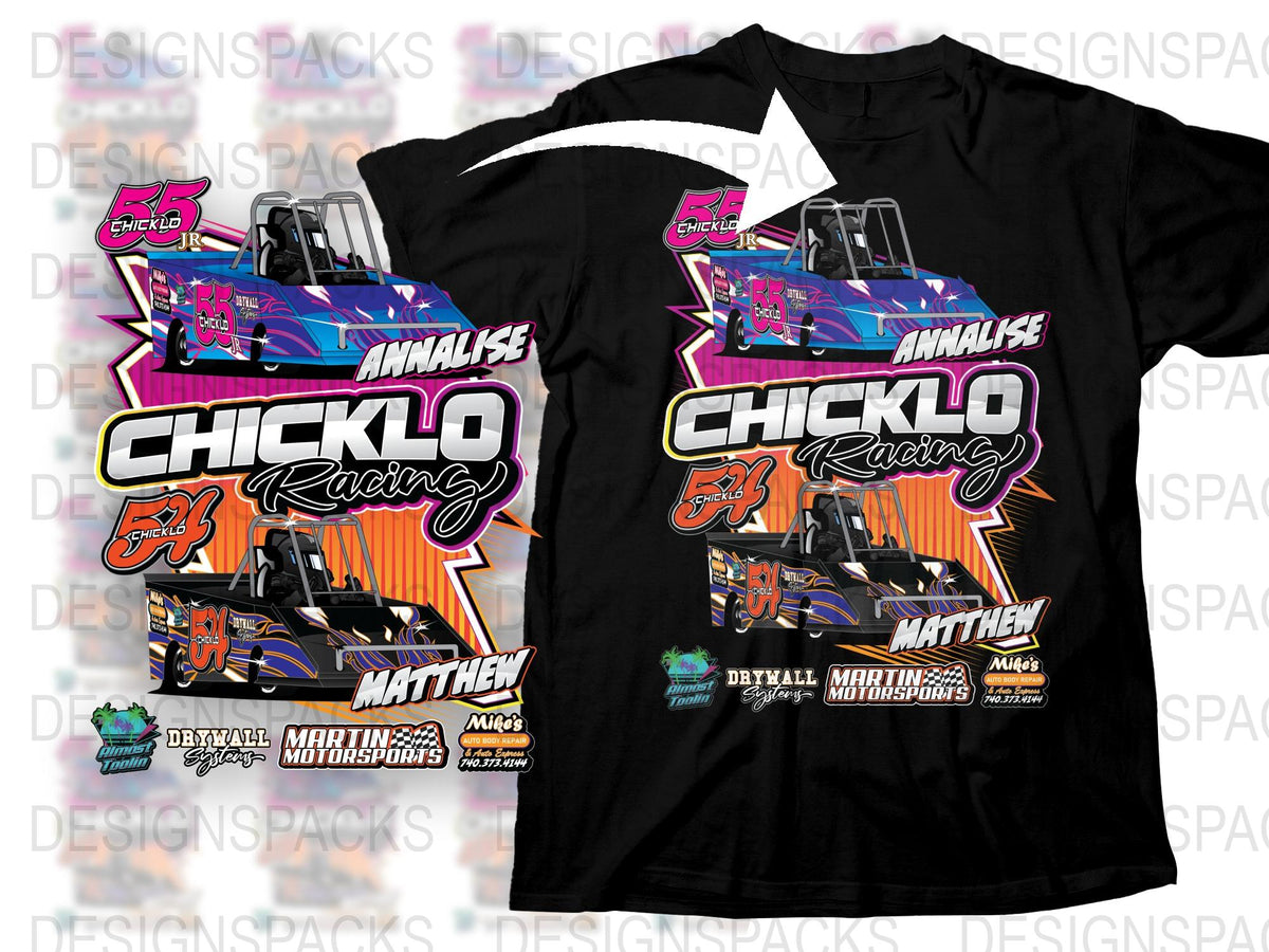 Custom Racing Team Shirt, Personalized Motorsport Tee, ChicKlo Racing, Colorful Graphic Design