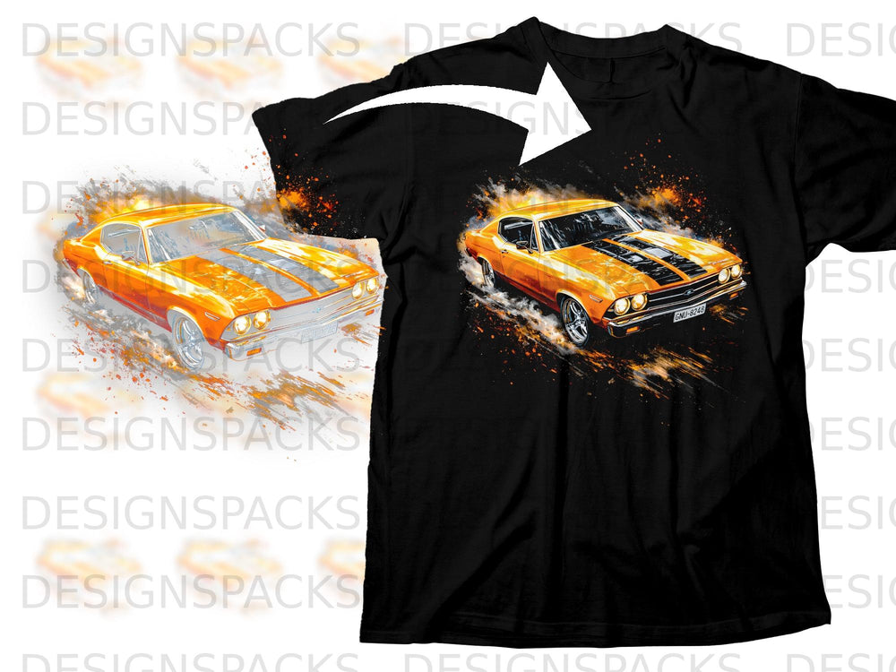 Orange classic car with racing stripes on black t-shirt.