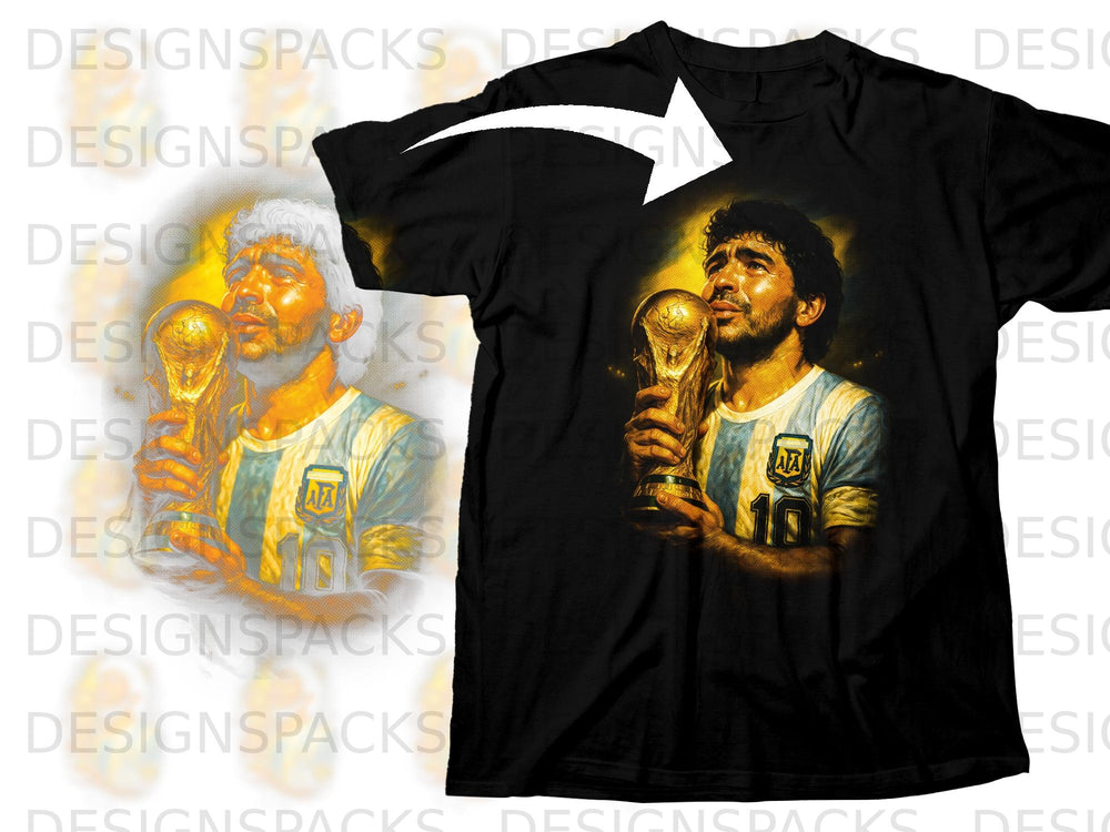 Black t-shirt featuring artwork of Diego Maradona holding a trophy.