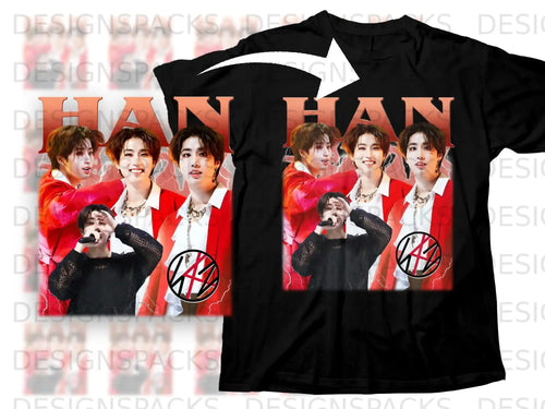 K-pop idol Han Jisung on a black t-shirt with red accents.