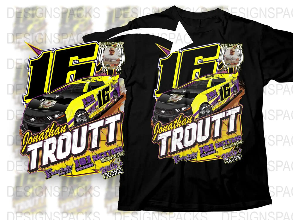Jonathan Troutt Racing T-Shirt, Custom Race Car Graphic Tee, Personalized Number 16, Yellow and Black Design, Motorsport Apparel