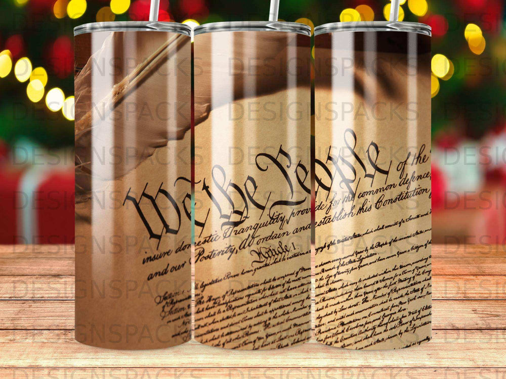 Tumbler with "We the People" from the US Constitution in sepia tones.