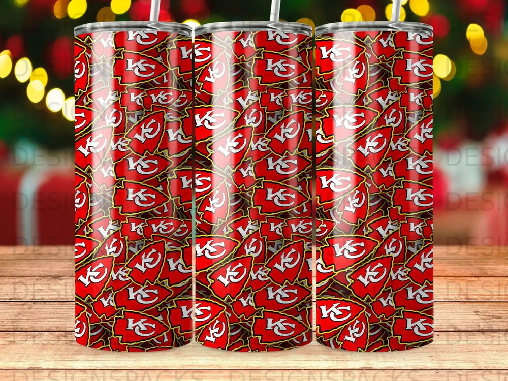 Kansas City Chiefs logo repeated pattern on a tall, skinny tumbler.