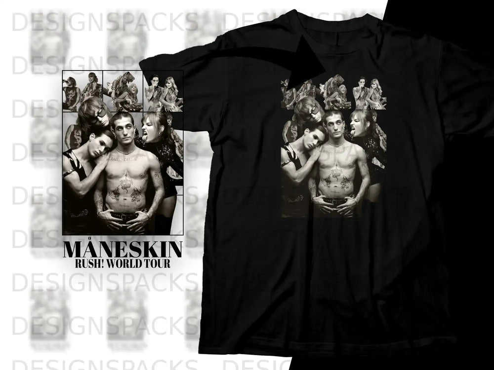 Maneskin Rush! World Tour t-shirt with collage of band members.