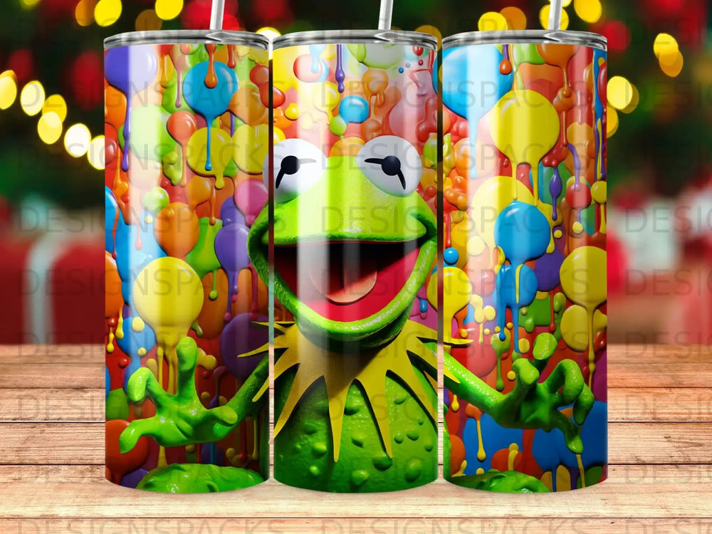 Kermit the Frog character with colorful balloons and drips, on a tumbler.