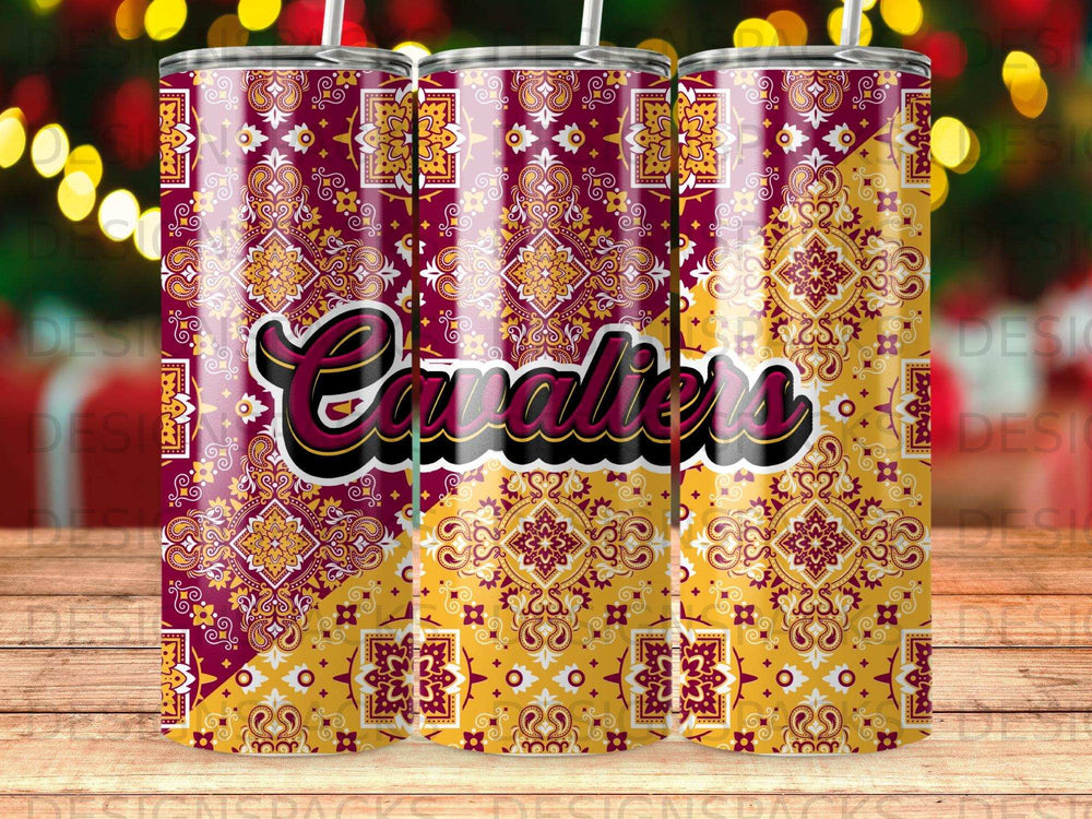 Maroon and gold Cavaliers tumbler with intricate paisley and damask pattern.