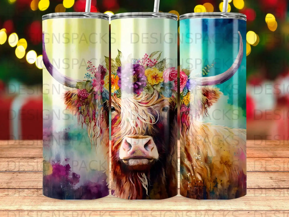 Watercolor highland cow with floral crown on tumblers.