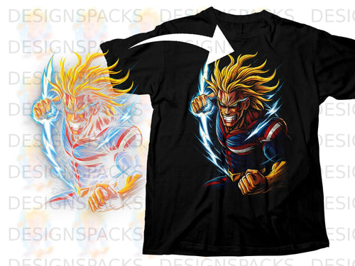 Black t-shirt featuring a vibrant illustration of All Might with blue lightning effects.