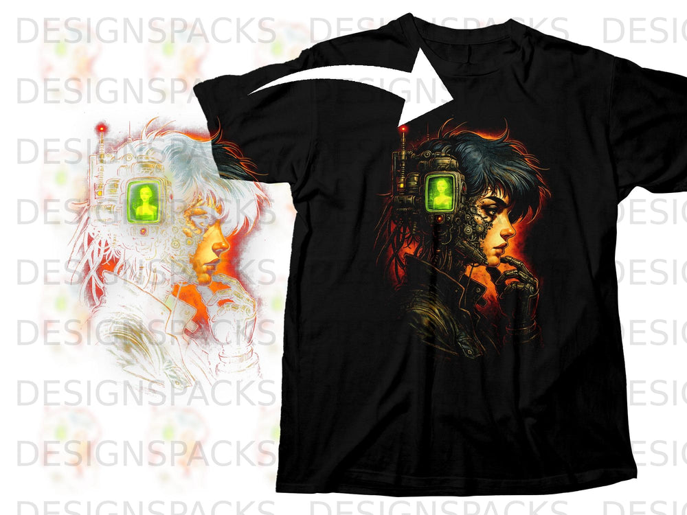 Black t-shirt with cyberpunk character illustration and green screen element.