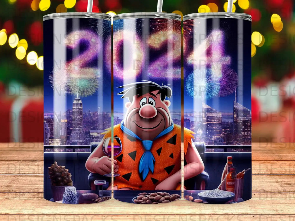 Fred Flintstone cheers with wine in front of city skyline and fireworks.