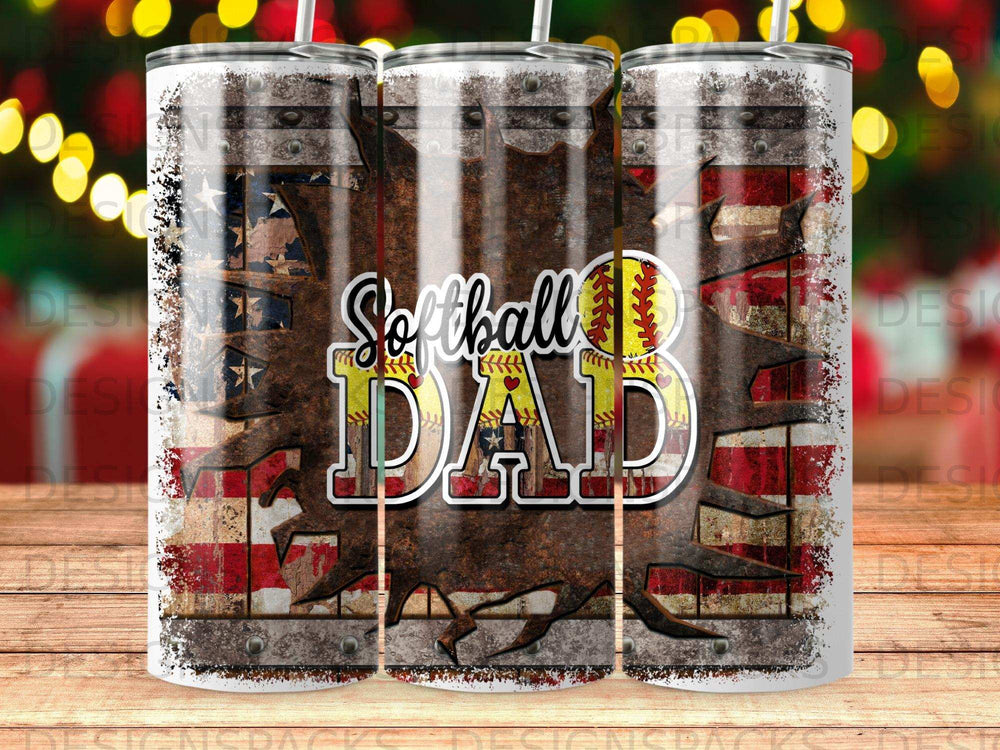 Softball Dad distressed American flag tumbler design with baseball stitching.