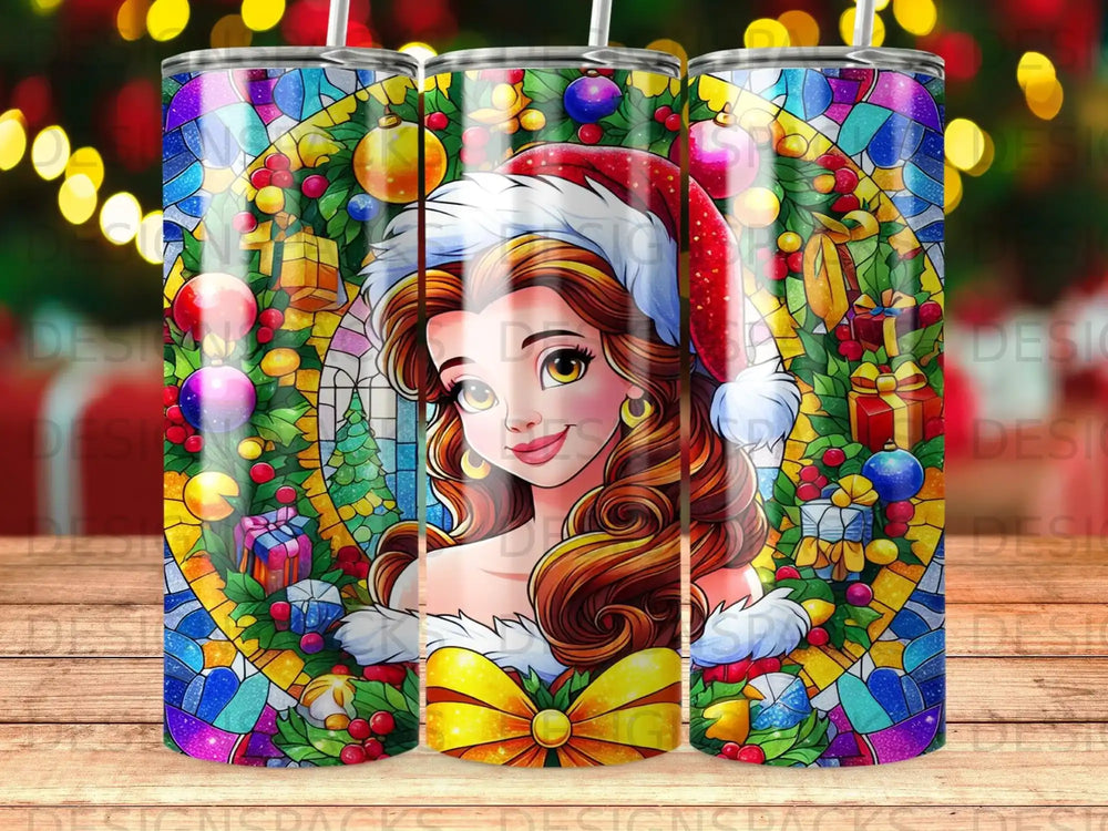 Belle in Santa hat with Christmas presents and ornaments stained glass art.