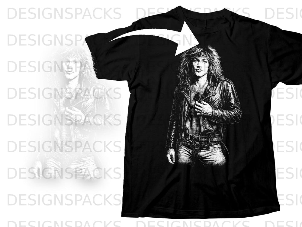 Black t-shirt with graphic of a man in a leather jacket and jeans.