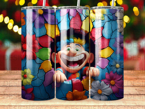 Animated character with wide smile and colorful flowers on a patterned tumbler.