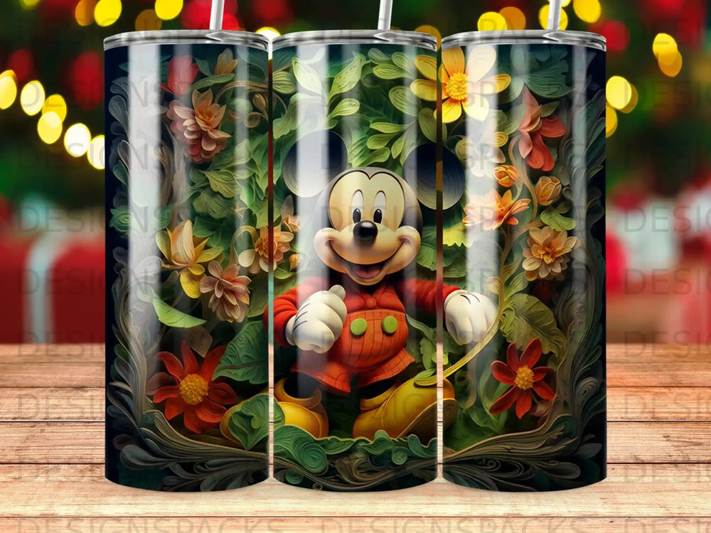 Mickey Mouse surrounded by lush green foliage and colorful flowers.