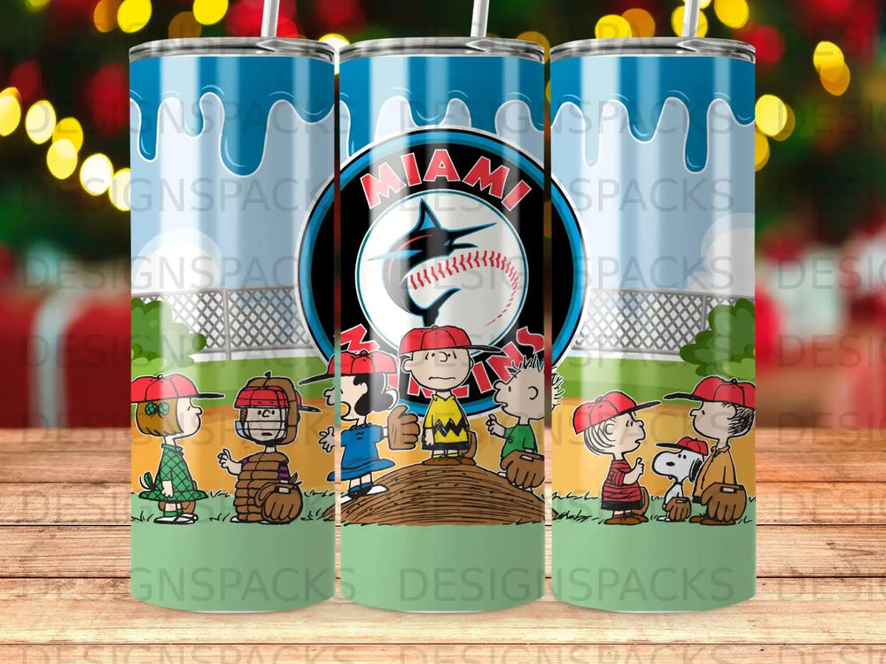 Miami logo with cartoon baseball players from Peanuts.