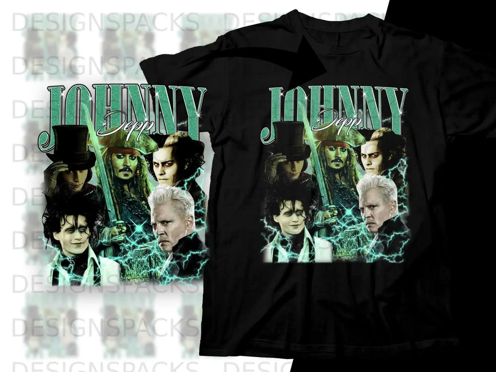 Johnny Depp as Captain Jack Sparrow and Edward Scissorhands on a black t-shirt.