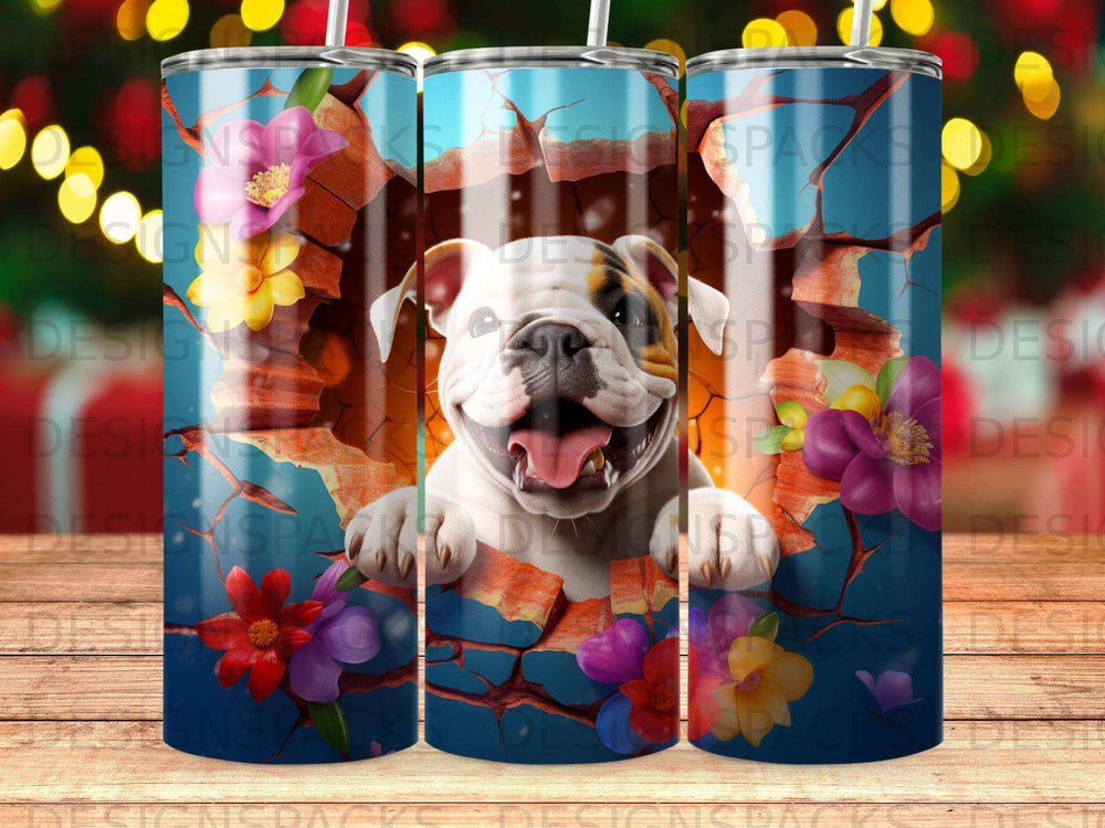 English bulldog peeking through a cracked wall with flowers.