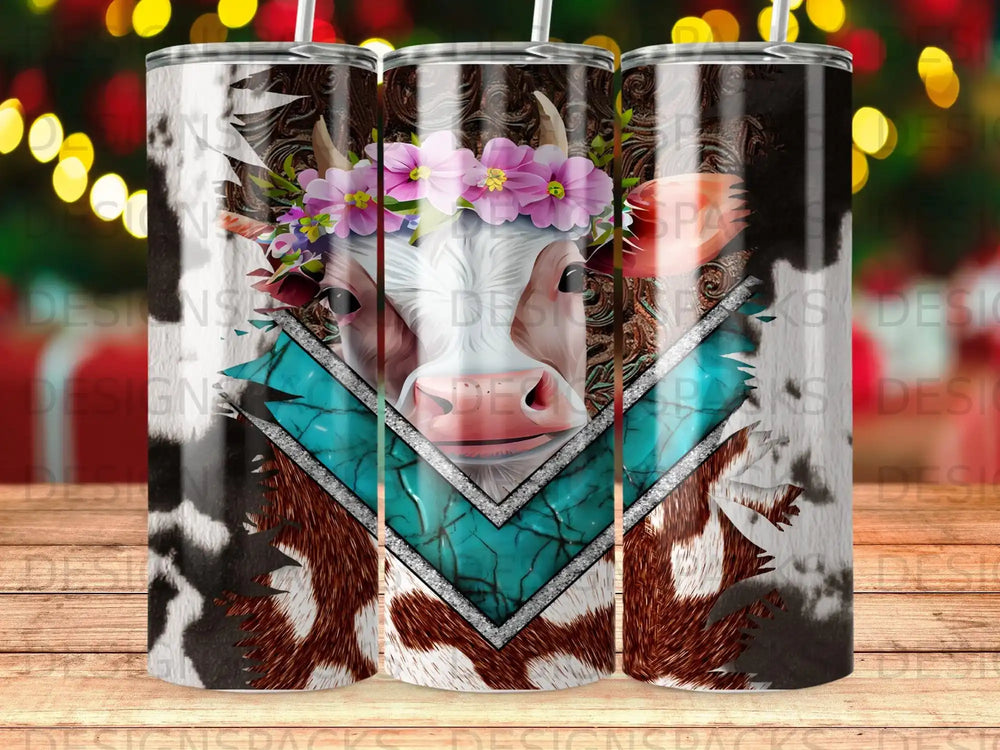 Cow with floral crown and turquoise accents, on wood grain background.