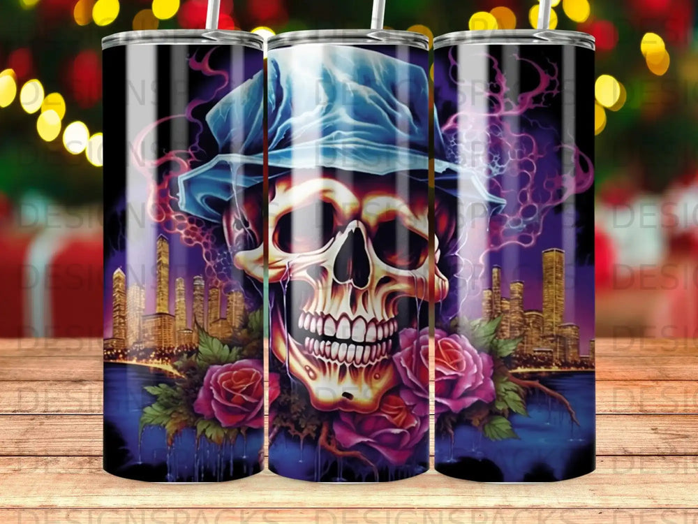 Skull in hat with roses and city skyline background.
