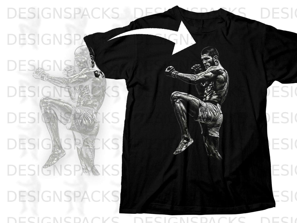 Black t-shirt featuring a black and white graphic of a fighter in a stance.