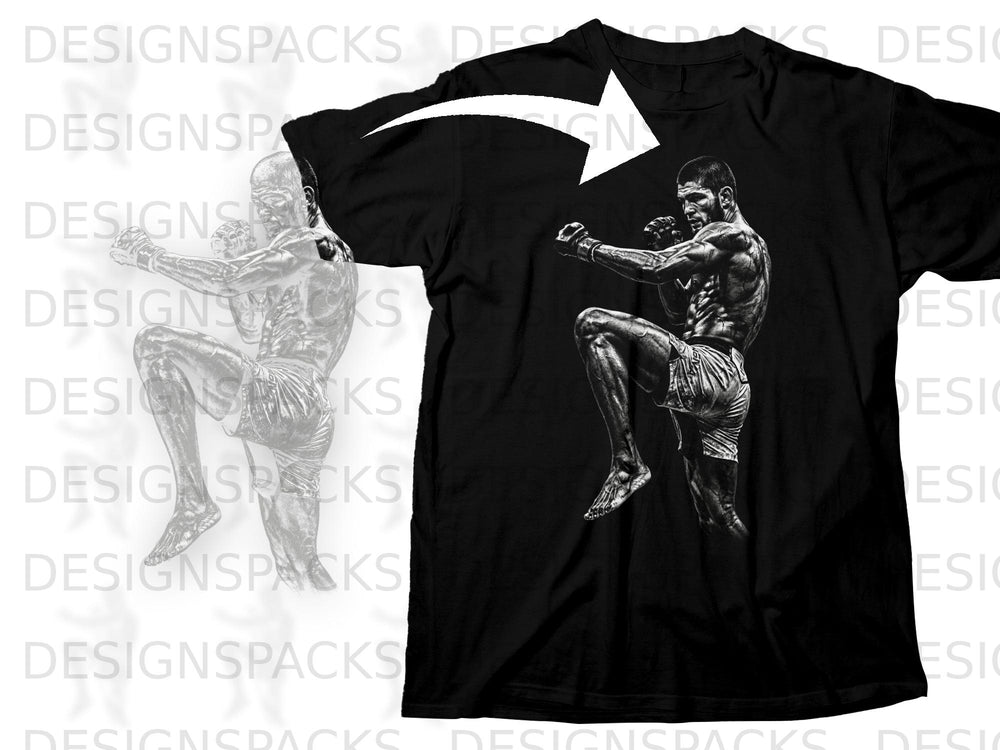 Black t-shirt featuring a black and white graphic of a fighter in a stance.