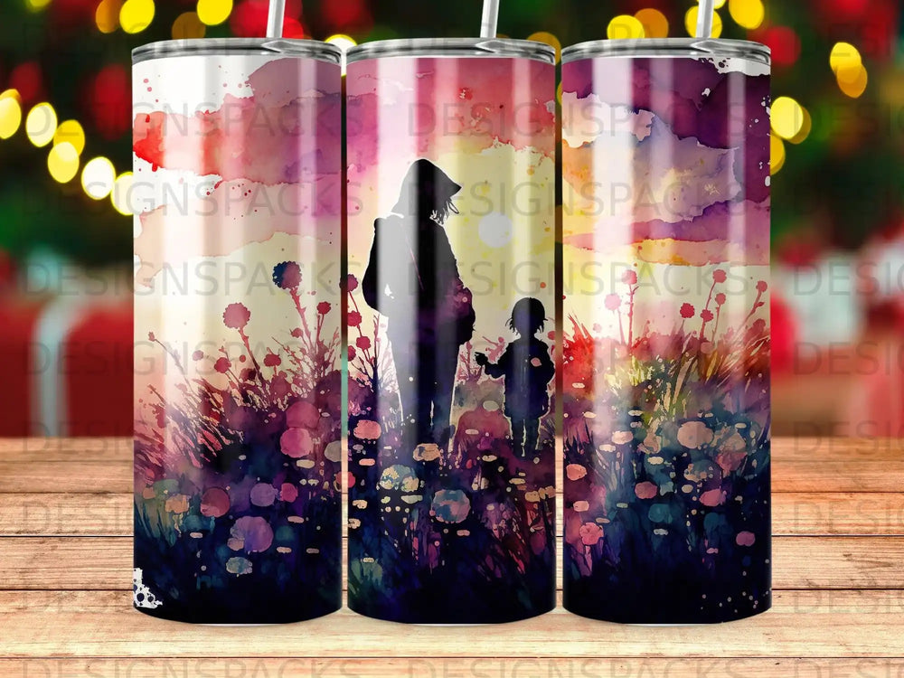 Silhouette of a woman and child walking through a colorful, abstract floral field.