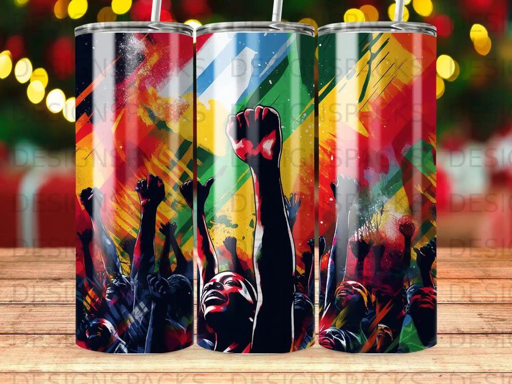 Vibrant abstract artwork of a cheering crowd with raised fists against colorful background.
