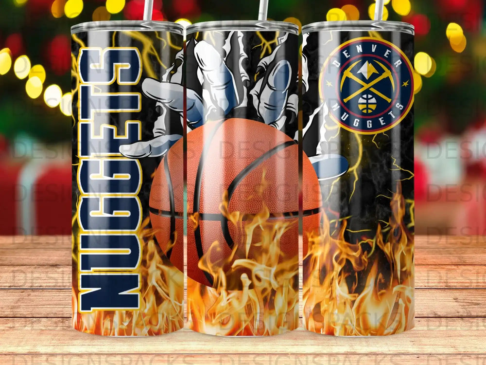 Denver Nuggets tumbler with basketball, flames, and lightning design.
