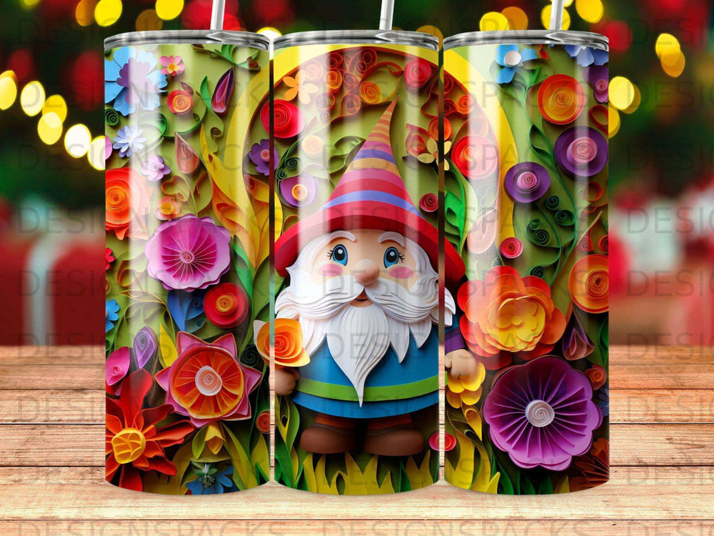Gnome in colorful garden with floral details and festive lights.