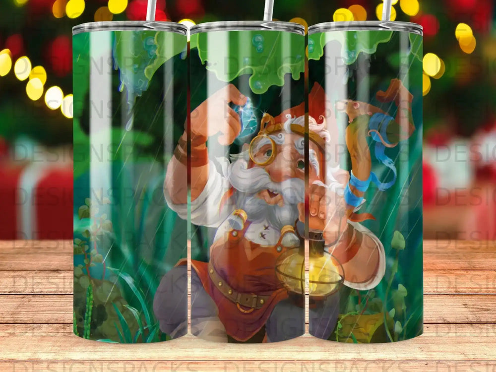 Illustration of a steampunk gnome holding a vial, with water droplets.