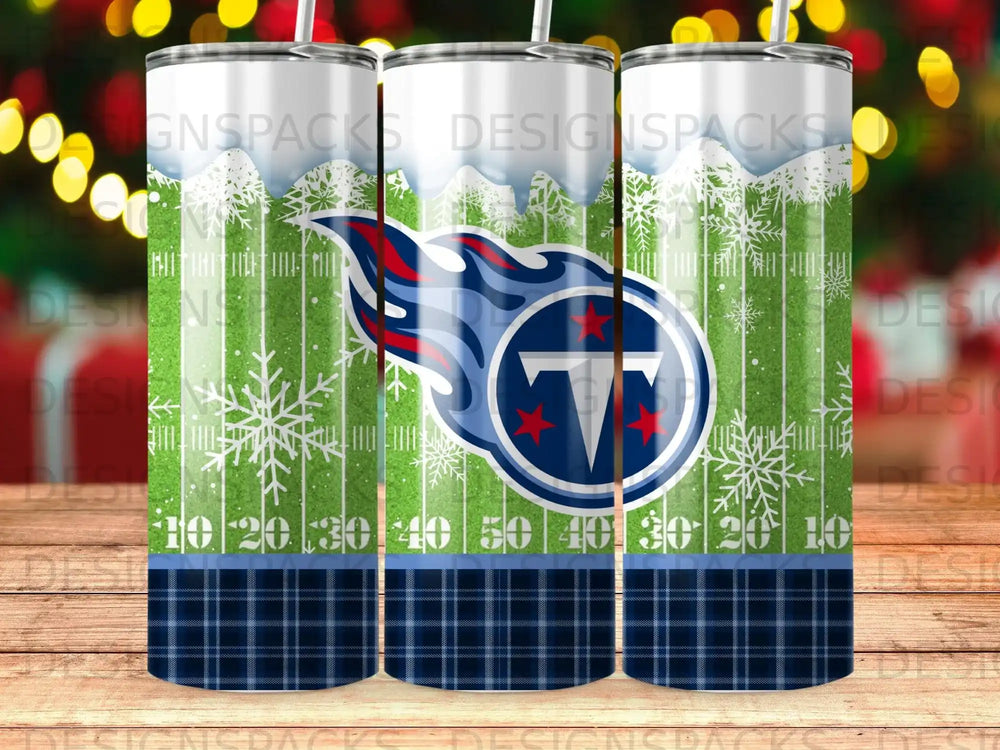 Tennessee Titans logo on a snowy football field with plaid border.