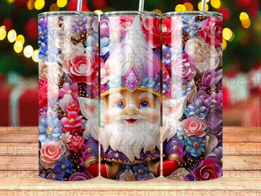 Gnome with a floral hat and beard, surrounded by colorful flowers.