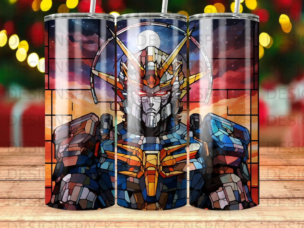 Stained glass robot with colorful geometric patterns against a sunset sky.