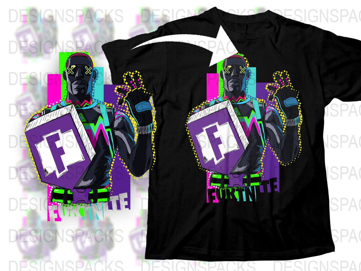 Colorful Fortnite T-Shirt, Gaming Graphic Tee, Vibrant Character Design, Trendy Gamer Apparel, Black Unisex Shirt
