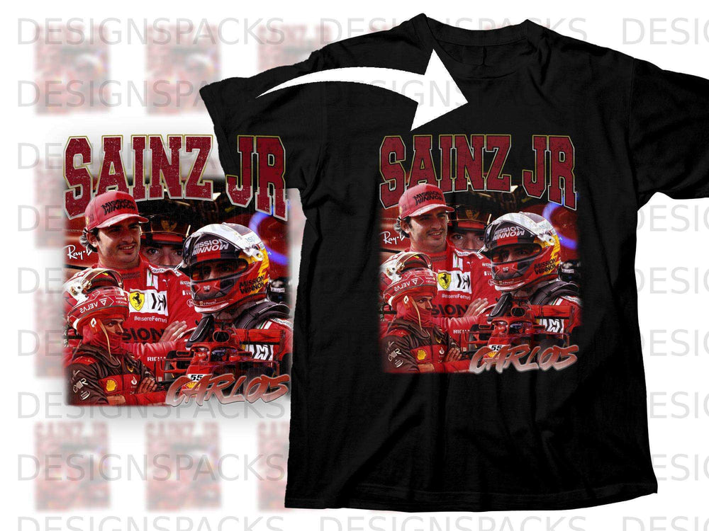 Black t-shirt featuring Carlos Sainz Jr. in a racing helmet and Ferrari logo.