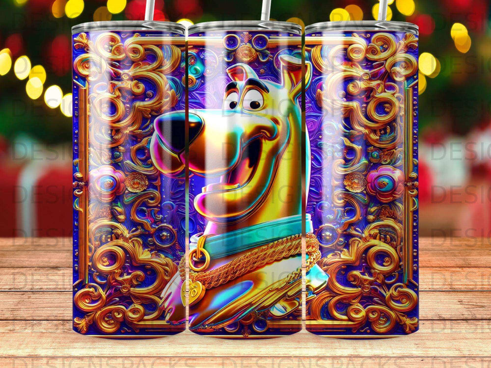 Scooby-Doo on a blue, ornate background with gold scrollwork.