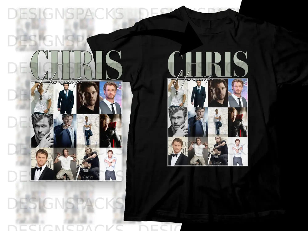 Collage of Chris Hemsworth photos on a black t-shirt with "CHRIS HEMSWORTH" text.