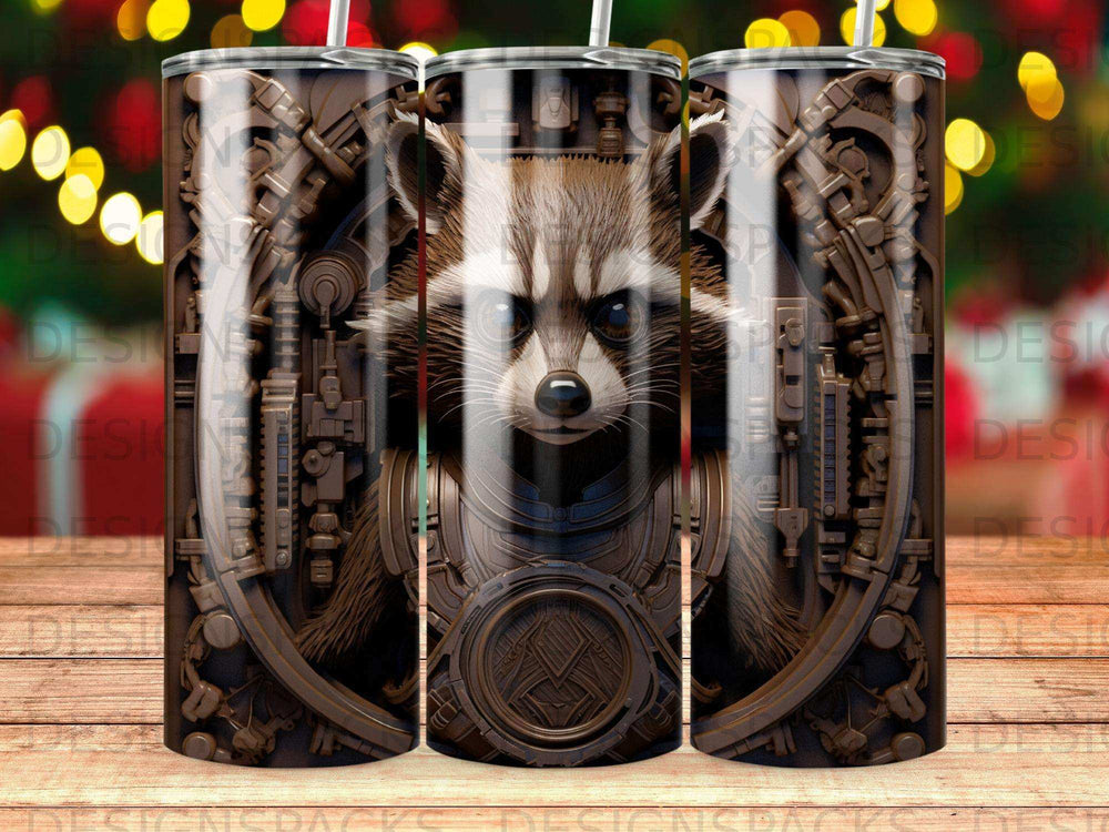 Raccoon portrait with gears and mechanical details, set against bokeh lights.