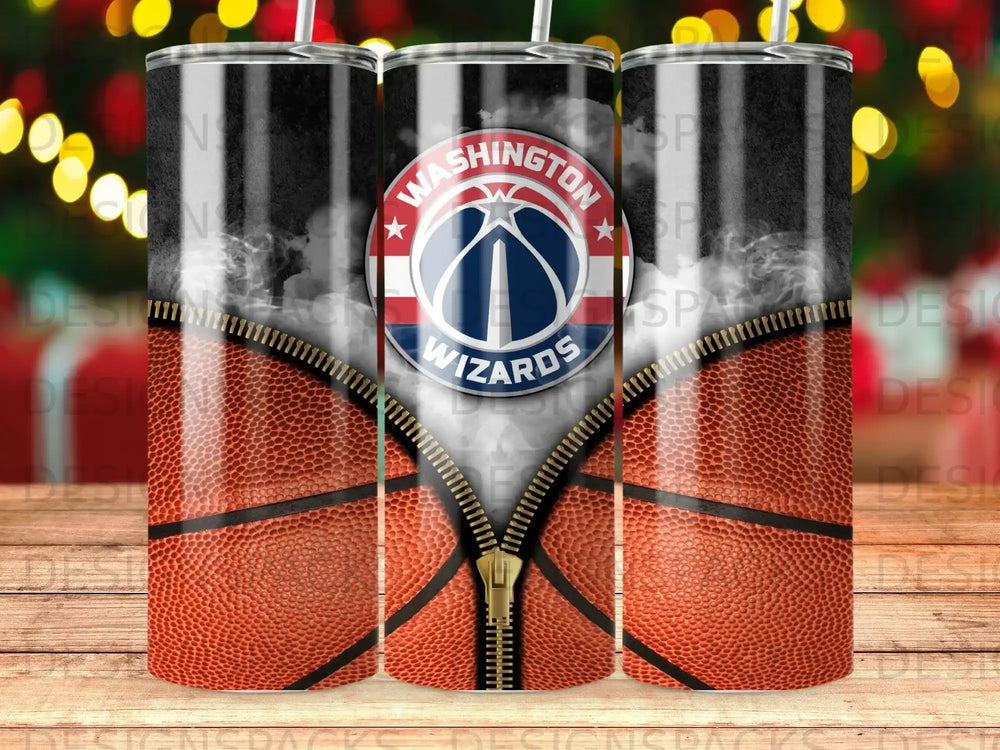 Washington Wizards basketball tumbler with team logo and zipper design.