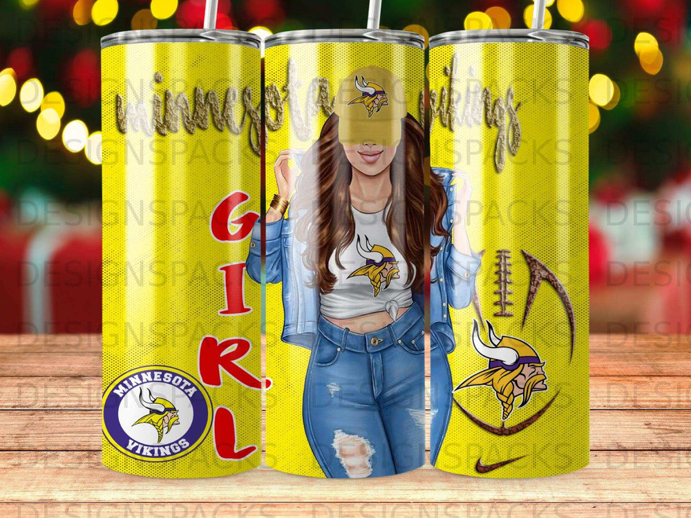 Minnesota Vikings tumbler with woman in team apparel, featuring team logo.