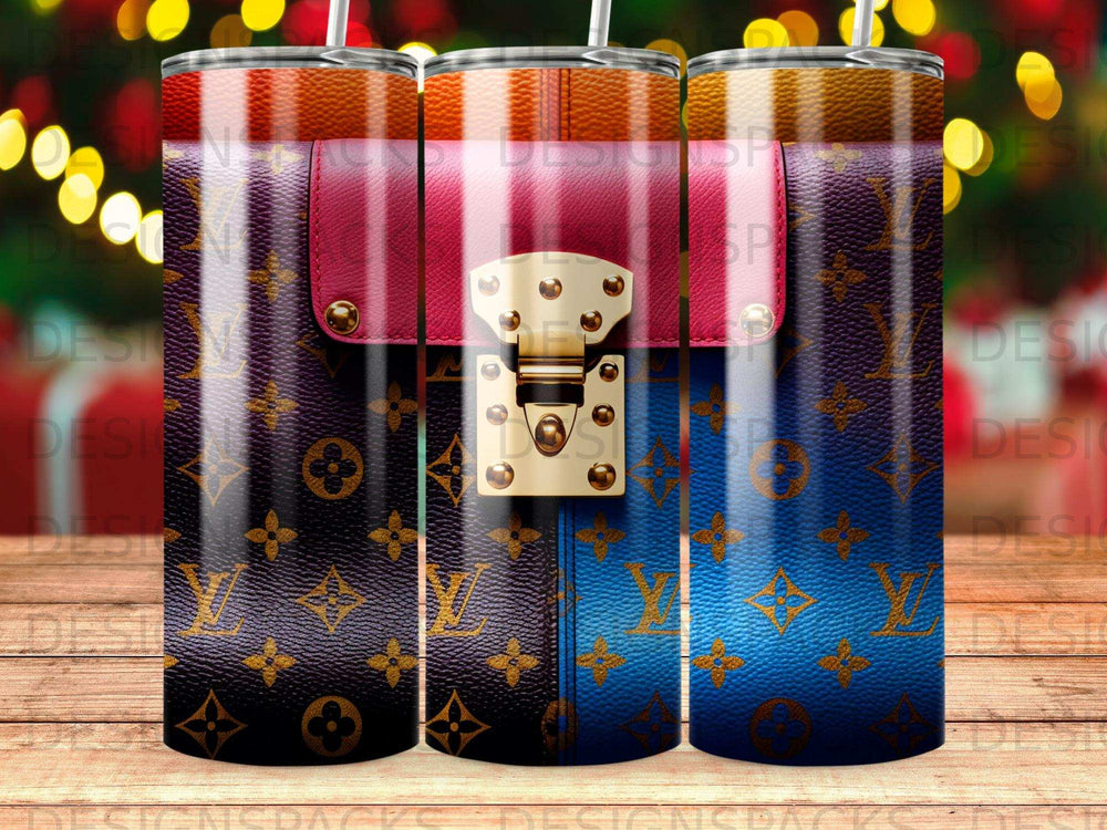 Three tumblers featuring a gradient of pink to blue with a Louis Vuitton-inspired pattern.