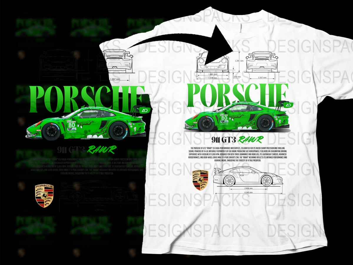 Porsche 911 GT3 RWR Graphic T-Shirt, Racing Car Enthusiast Tee, Collector's Motorsport Apparel, Green Design
