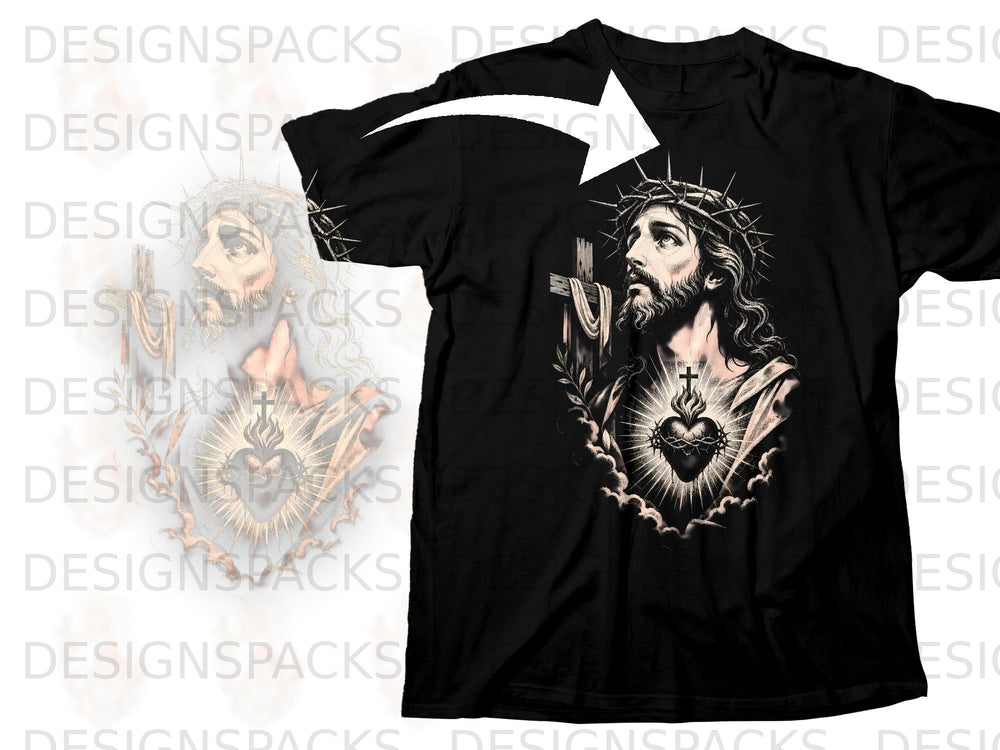 Black t-shirt with Sacred Heart of Jesus and crown of thorns graphic.