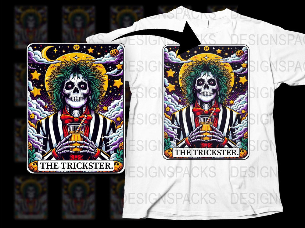 Vintage Trickster Tarot Card T-Shirt, Gothic Skeleton Graphic Tee, Halloween Spooky Apparel, Unisex Cotton Shirt