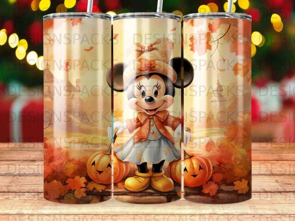 Minnie Mouse character with pumpkins and autumn leaves design on a tumbler.