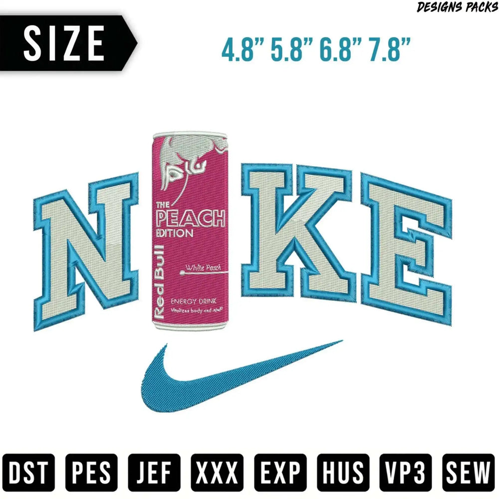 Nike logo with Red Bull Peach Edition energy drink can.