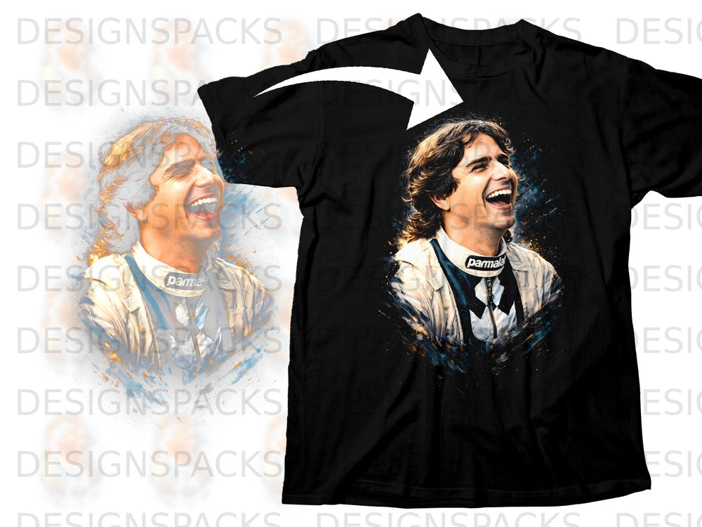 Black t-shirt with a painted portrait of a laughing man in a racing suit.